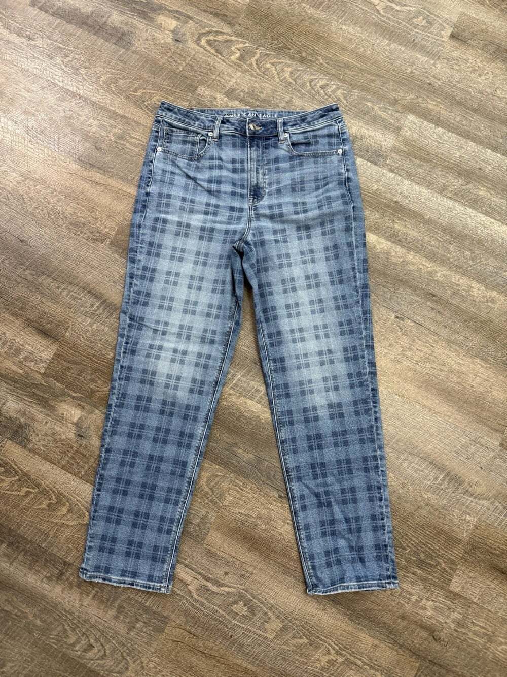 American Eagle Women’s Mom Straight Jeans Blue Plaid Medium Wash Stretch 12 Long